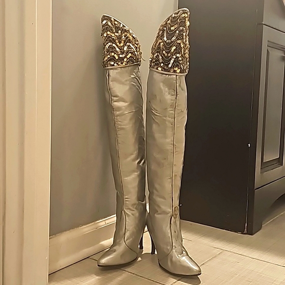 Vintage Over-The-Knee Genuine Leather Boots, Sz 8M Silver w/Top Black/Gold/Silve